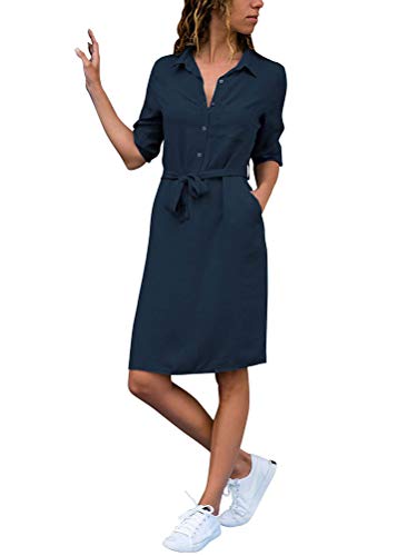 ShallGood Damen Casuel Hemdkleid Knielang Button Down V-Ausschnitt Blusenkleid Shirt Kleid 3/4 Hülse Kragen Shift Lose Kleid Einfarbig AbendkleidMit Gürtel Marine DE 38 von ShallGood