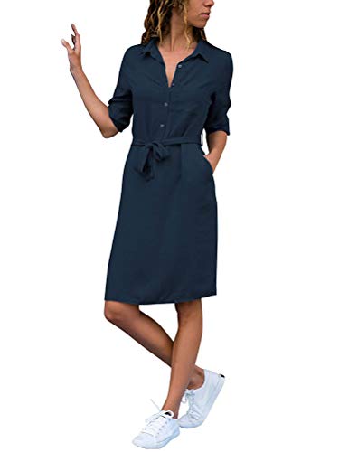 ShallGood Damen Casuel Hemdkleid Knielang Button Down V-Ausschnitt Blusenkleid Shirt Kleid 3/4 Hülse Kragen Shift Lose Kleid Einfarbig AbendkleidMit Gürtel Marine DE 40 von ShallGood