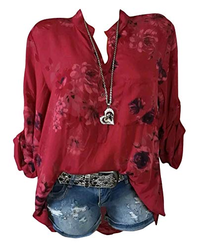 ShallGood Damen Chiffon Bluse V-Ausschnitt Locker Hemd Blusenshirt Freizeit Feder Druck Lose Casual Langarm Tunika Oversize Oberteile B Rot DE 48 von ShallGood