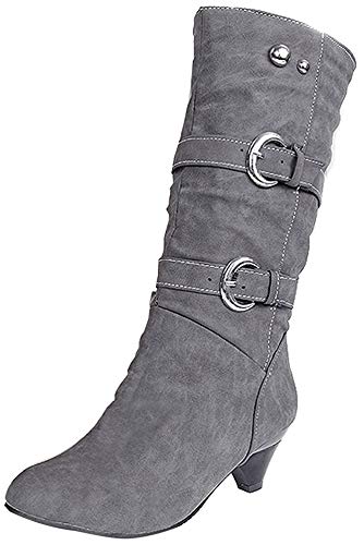 ShallGood Damen Elegant Stiefel Winterstiefel Mittlerer Absatz mit Schnalle Blockabsatz Schuhe Schenkelhoch Outdoor Stiefel Grau EU 35 von ShallGood