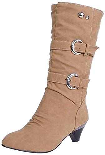 ShallGood Damen Elegant Stiefel Winterstiefel Mittlerer Absatz mit Schnalle Blockabsatz Schuhe Schenkelhoch Outdoor Stiefel Khaki EU 43 von ShallGood