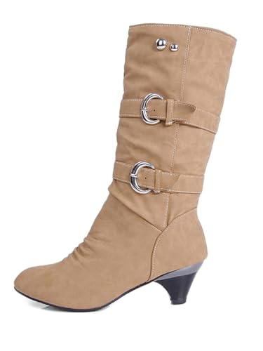 ShallGood Damen Elegant Stiefel Winterstiefel Mittlerer Absatz mit Schnalle Blockabsatz Schuhe Schenkelhoch Outdoor Stiefel Z1 Khaki 39 EU von ShallGood