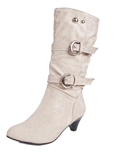 ShallGood Damen Elegant Stiefel Winterstiefel Mittlerer Absatz mit Schnalle Blockabsatz Schuhe Schenkelhoch Outdoor Stiefel Z1 Weiß 38 EU von ShallGood