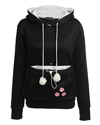 ShallGood Damen Frauen Niedliche Kängurus Kapuzenpullover Tasche Hoodie Langarm Pullover Sweatshirt Carrier für Kleine Katze Hunde A Schwarz DE 46 von ShallGood