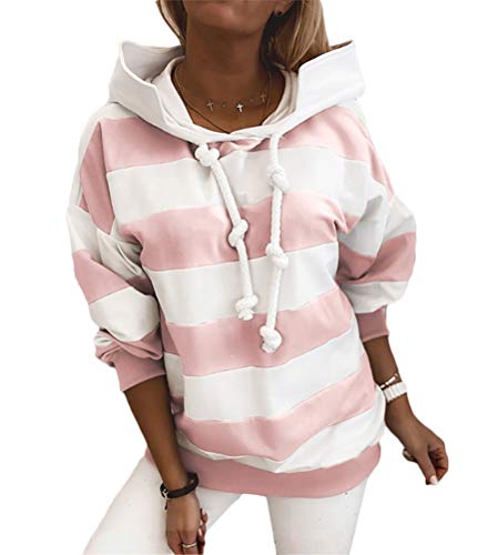 ShallGood Damen Hoodie Pullover Streifen Sweatshirt Langarm Loose Pullover Tops Übergroßes Gestreift Pulli Sweatshirt Hoodie Sport Kapuze mit Kordelzug Z1 Rosa 42 von ShallGood