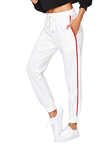 ShallGood Damen Hosen Jogginghose Elastischer Bund 3 Gestreift Streifen Freizeithose Tunnelzug Sporthose Casual Sweathose Mit Taschen Weiß Medium von ShallGood