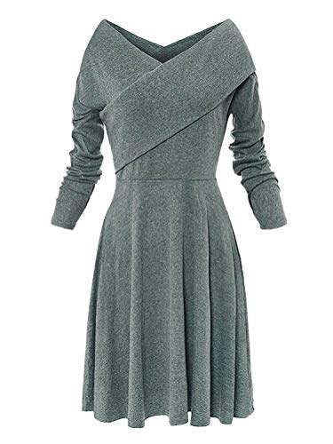 ShallGood Damen Kleider Casual Lose V-Ausschnitt Langarm Mode Große Schaukel Dress Herbst Winter Elegant Jersey Kleid Basic A-Linie Pullover Kleider Strickkleider Grün DE 42 von ShallGood