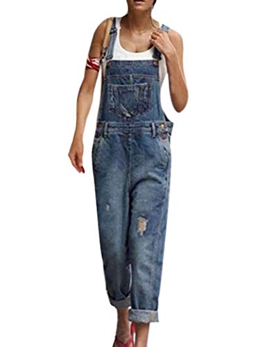 ShallGood Damen Latzhosen Klassisch Retro Lose Denim Hosen Strap Loch lose Overalls Jeans Cowboy Stitching Spielanzug Jumpsuit Overall mit Knöpfen Dunkelblau DE 46 von ShallGood