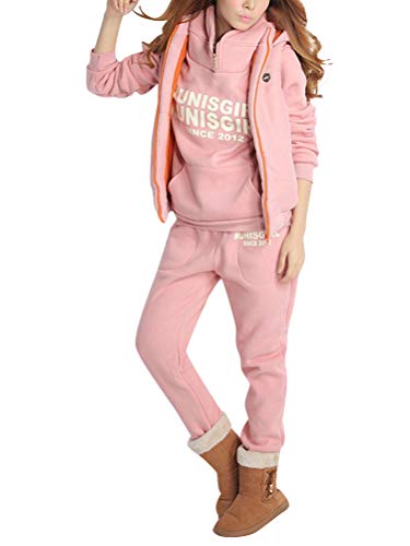 ShallGood Damen Sets Damen Casual 3 In 1 Sportanzüge Jogginganzug Kapuzenpullover Kapuzenjacke Hoodie Sweatshirt + Weste + Hose Trainingsanzug Winter Dicke Kapuzenjacke Rosa DE 38 von ShallGood