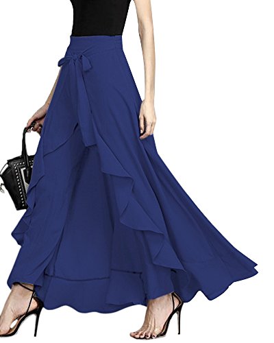 ShallGood Damen Sommer Elegant Hosenrock Mode Hohe Taille Einfarbig Irregular Rüschen Freizeithose Yogahose Partykleid Lang (XX-Large, Blau) von ShallGood