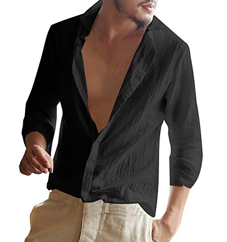 ShallGood Herren Hemd Leinenhemd Sommer Langarm Slim Fit Leicht Business Hochzeit Reine Farbe Mode Hemd Button Down Strand Shirts Casual Blusen Schwarz Large von ShallGood