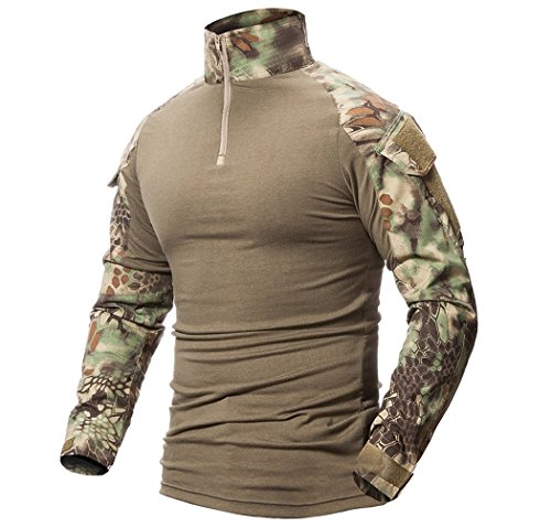 ShallGood Herren-Hemden, Kampf, Militär, Airsoft, BDU, Shirt, Outfit, Camouflage, Uniform, taktisch, schnell trocknend, mit Taschen, Ellbogenschützer, Langarm-Hemd, Multicam, A Grün, XL von ShallGood