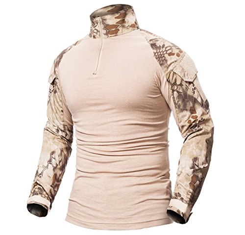 ShallGood Herren-Hemden, Kampf, Militär, Airsoft, BDU, Shirt, Outfit, Camouflage, Uniform, taktisch, schnell trocknend, mit Taschen, Ellbogenschützer, Langarm-Hemd, Multicam, A Khaki, L von ShallGood