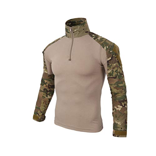 ShallGood Herren-Hemden, Kampf, Militär, Airsoft, BDU, Shirt, Outfit, Camouflage, Uniform, taktisch, schnell trocknend, mit Taschen, Ellbogenschützer, Langarm-Hemd, Multicam, Z1 Khaki., XS von ShallGood