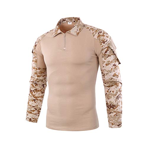 ShallGood Herren-Hemden, Kampf, Militär, Airsoft, BDU, Shirt, Outfit, Camouflage, Uniform, taktisch, schnell trocknend, mit Taschen, Ellbogenschützer, Langarm-Hemd, Multicam, Z2 Khaki., L von ShallGood