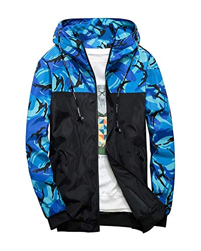 ShallGood Herren Jacke Frühling Herbst Trenchcoat Camouflage Slim Jacke Männer Hoodies Reißverschluss Mantel Coats Casual Sportswear Laufjacke Bomberjacke A Blau X-Large von ShallGood