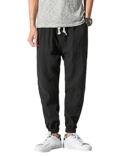 ShallGood Herren Strandhosen Sommerhosen Loose Leinenhosen Männer 3/4 Länge Hosen Haremhose Einfarbig Lässige Freizeithose Mit Seitentaschen Bequem Atmungsaktiv Leicht Schwarz 3X-Large von ShallGood
