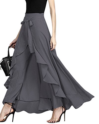 ShallGood Damen Sommer Elegant Hosenrock Mode Hohe Taille Einfarbig Irregular Rüschen Freizeithose Yogahose Partykleid Lang (Medium, Grau) von ShallGood