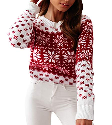 ShallGood Weihnachten Damen Pullover Weihnachtspulli Rentier und Schnee Langarm Christmas Sweatshirt Vintage Winter Pulli Weihnachtspullover Oberteile Shirts Bluse Z3 Weiß 36 von ShallGood