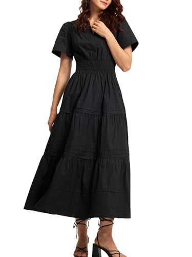 ShallWe Schwarzes Sommerkleid für Damen, lässig, lang, Maxi, kurzärmelig, geschichtet, Baumwolle, V-Ausschnitt, A-Linie, modisches Reisekleid 2025, Schwarz, Groß von ShallWe