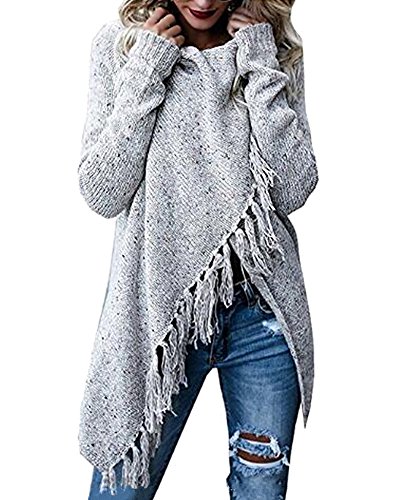 Shallgood Damen Herbst Winter Böhmen Quaste Capes Strickjacke Poncho Stricken Sweater Jumper Pullover Sweatshirt Mode Pulli Grau DE 38 von Shallgood