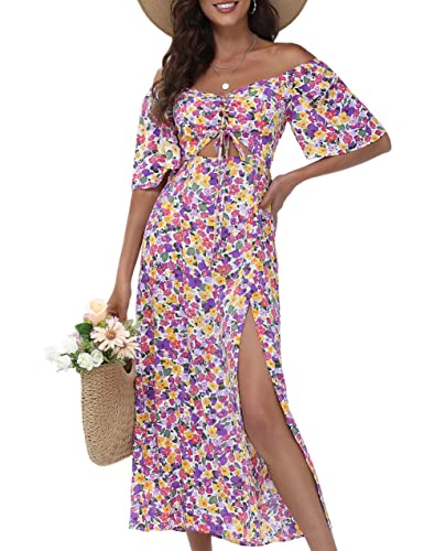 Damen-Sommerkleid mit Blumenmuster, 2024, lässiges Boho-Kleid, kurze Ärmel, A-Linie, quadratischer Ausschnitt, Schnürung vorne, Ausschnitt, Violett, X-Groß von Shallmu