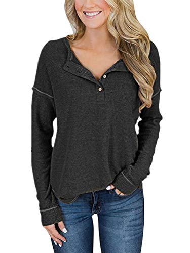 Shallood Damen Basic Longsleeve Elegantes Knopf Pulli Damen Langarmshirt Sweatshirt V-Ausschnitt Oversize Hemd Jumper Bluse Tops Schwarz 44 von Shallood