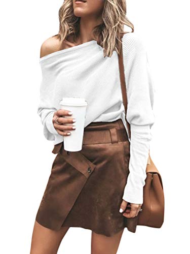 Shallood Damen Langarm Schulterfrei Jumper Lose Sweatshirt Pullover Oberteil Tops Hemd Oversize Damen Langarmshirt Off Shoulder Einfarbig Weiß 36 von Shallood