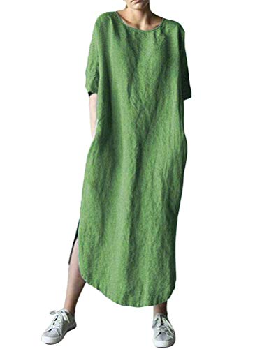 Shallood Damen Leinen Baumwolle Kleid Beiläufige Langarm Lose Maxikleider Rundhalsausschnitt Lang Boho Größe Maxi Kleid 01 Grün DE 42 von Shallood
