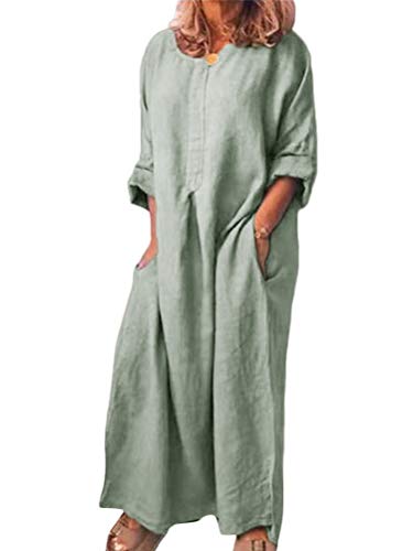 Shallood Damen Leinen Baumwolle Kleid Beiläufige Langarm Lose Maxikleider Rundhalsausschnitt Lang Boho Größe Maxi Kleid 03 Grün 40 von Shallood