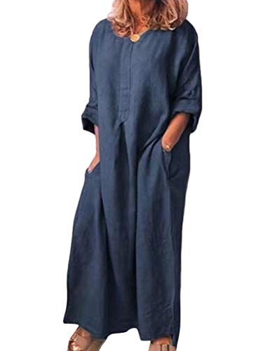 Shallood Damen Leinen Baumwolle Kleid Beiläufige Langarm Lose Maxikleider Rundhalsausschnitt Lang Boho Größe Maxi Kleid 03 Marine 50 von Shallood