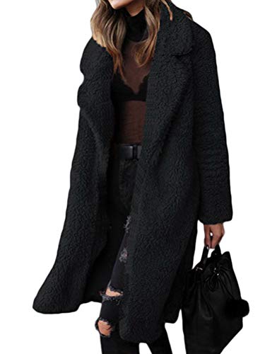 Shallood Damen Winter Revers Parka Wollmantel Trenchcoat Mantel Cardigan Plüschjacke Winter Jacke Outwear Casual Mantel Übergangsjacke (38, Schwarz) von Shallood