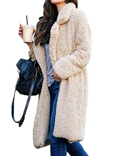 Shallood Damen Winter Revers Parka Wollmantel Trenchcoat Mantel Cardigan Plüschjacke Winter Jacke Outwear Casual Mantel Übergangsjacke Aprikose 48 von Shallood