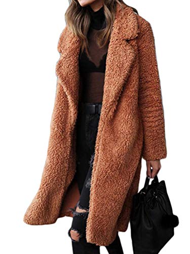 Shallood Damen Winter Revers Parka Wollmantel Trenchcoat Mantel Cardigan Plüschjacke Winter Jacke Outwear Casual Mantel Übergangsjacke Braun 34 von Shallood