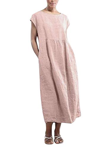 Shallood Kleider Damen Lang Sommer Elegant Strandkleid Kurzarm Rundhalsausschnitt Baggy Kaftan Casual Lose Maxi Kleider mit Taschen (44, Rosa) von Shallood