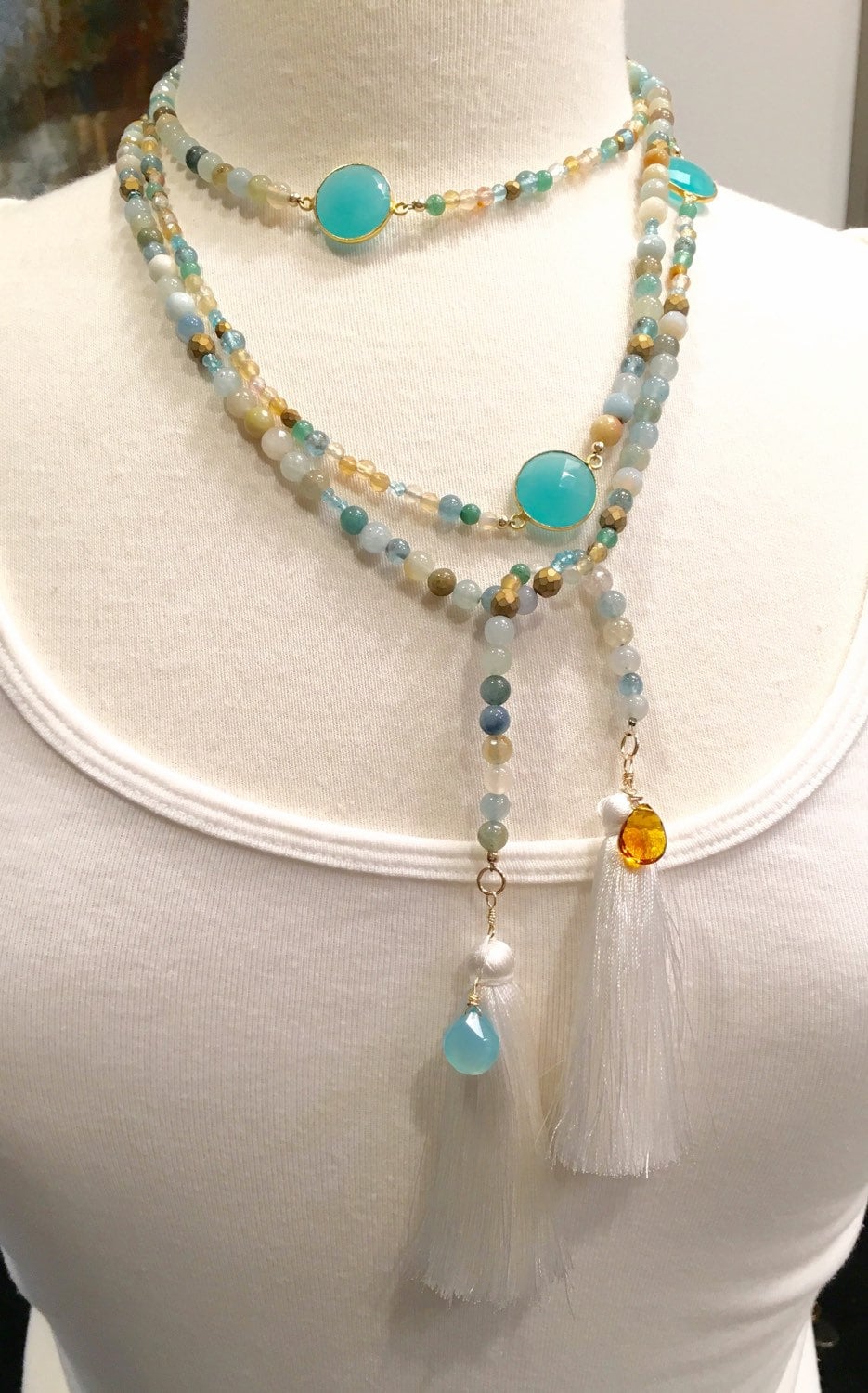 Aqua Open Tie Quaste Lariat, Zurück Halskette, Chalcedon, Echte Edelsteine. Handarbeit. 72", Chalcedon Lariat von ShalomJewelry
