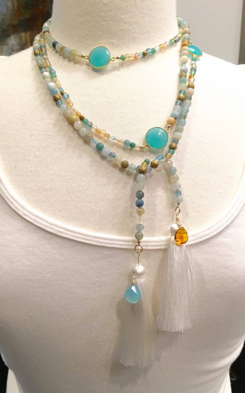 Aqua Open Tie Quaste Lariat, Zurück Halskette, Chalcedon, Echte Edelsteine. Handarbeit. 72", Chalcedon Lariat von ShalomJewelry