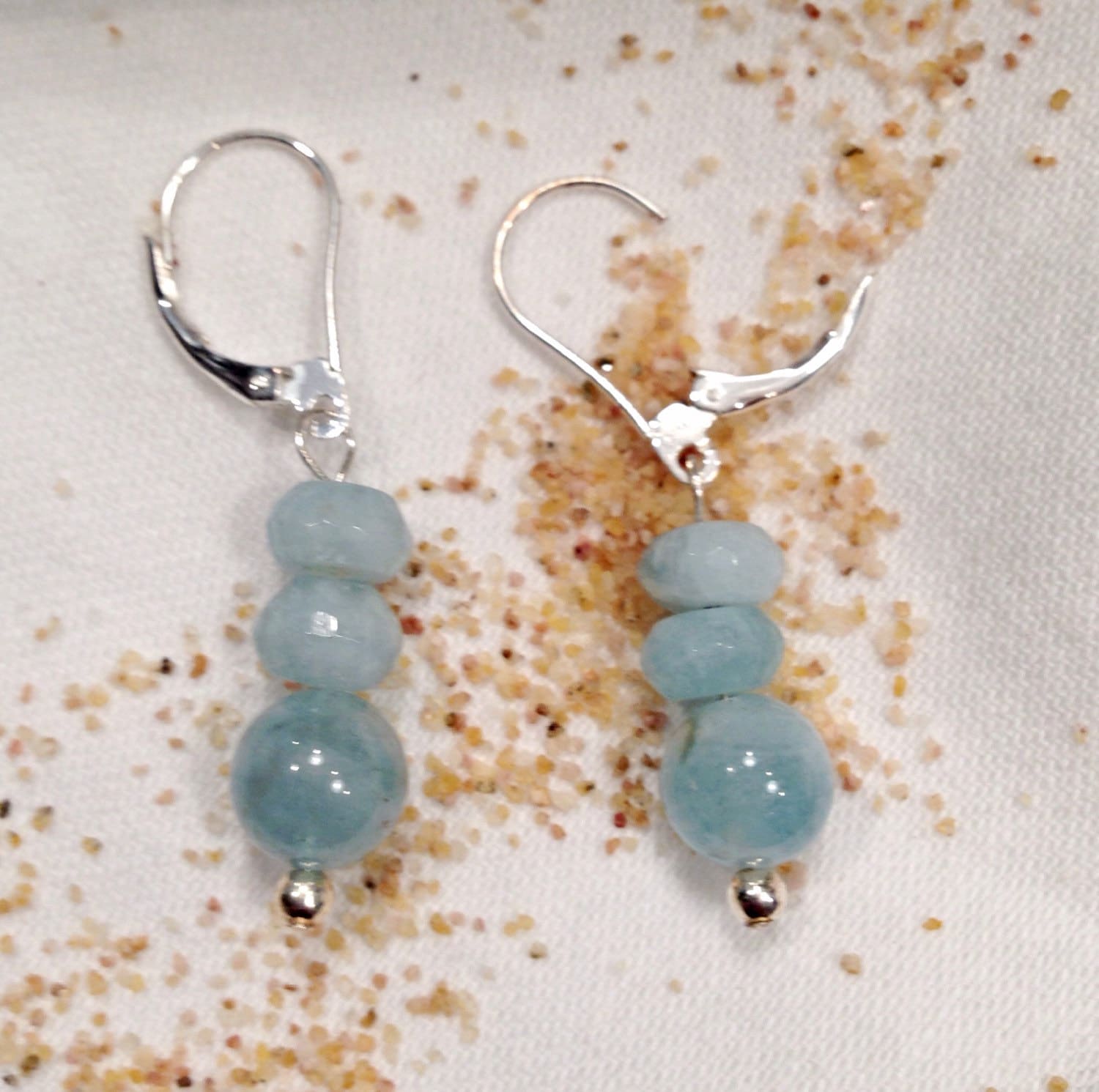 Aquamarin Sterling Silber Ohrringe, Gestapelte März Rondelle Ohrring von ShalomJewelry