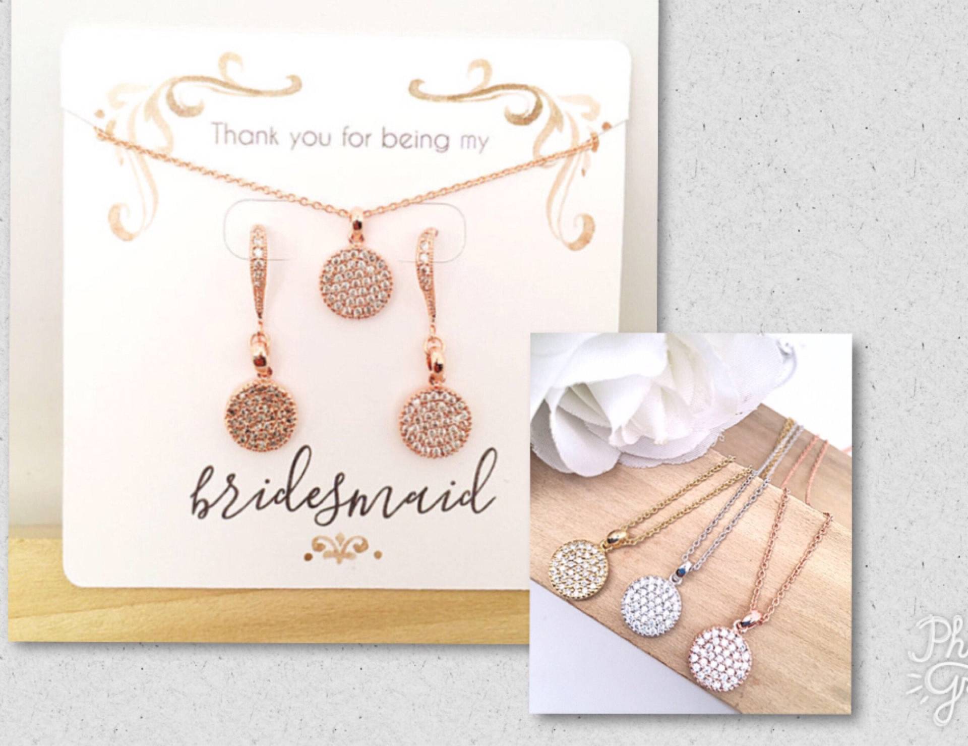 Brautjungfer Pave Ohrring Disc & Halskette Set, Rose Gold, Gelb Gold Und Rhodium Weißgold Ohrringe Brautparty Set von ShalomJewelry
