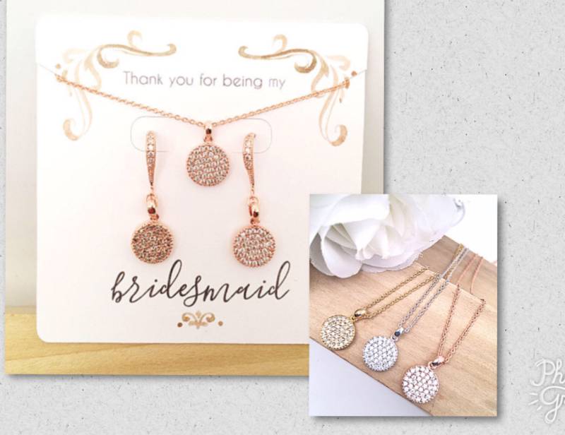 Brautjungfer Pave Ohrring Disc & Halskette Set, Rose Gold, Gelb Gold Und Rhodium Weißgold Ohrringe Brautparty Set von ShalomJewelry