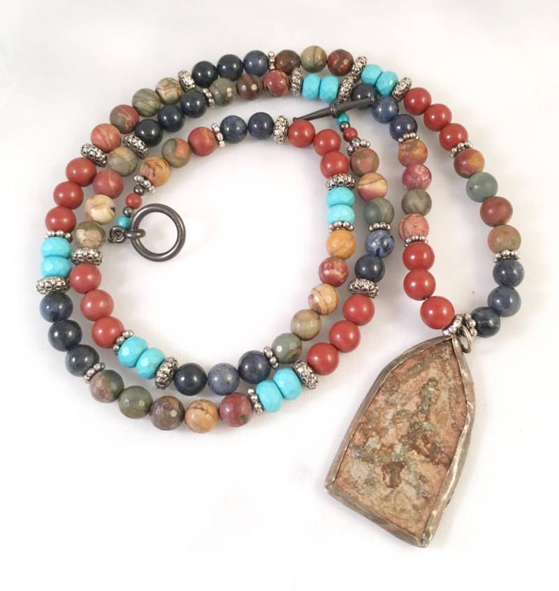 Buddah Antik Replica Edelstein Halskette, Gemischte Buddha Lange Boho Gem Budda Halskette von ShalomJewelry