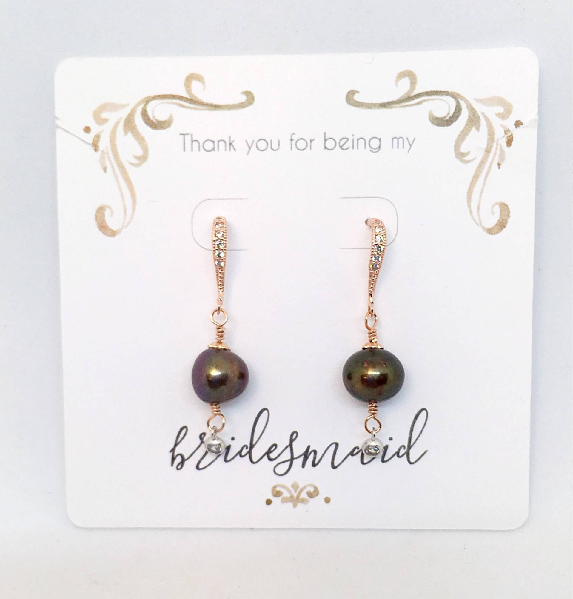 Cz Schokolade Perlenohrring Baumeln Auf Rose Gold Ohrring-Haken, Brautjungfer Perle Pave Ohrring, Echte von ShalomJewelry