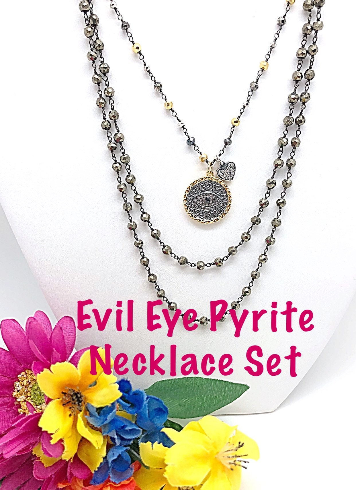 Evil Eye Disc Halskette Auf Geschichteter Pyrit-Kette, Zweireihige Halskette, Layered Pyrit-Halsketten-Set von ShalomJewelry