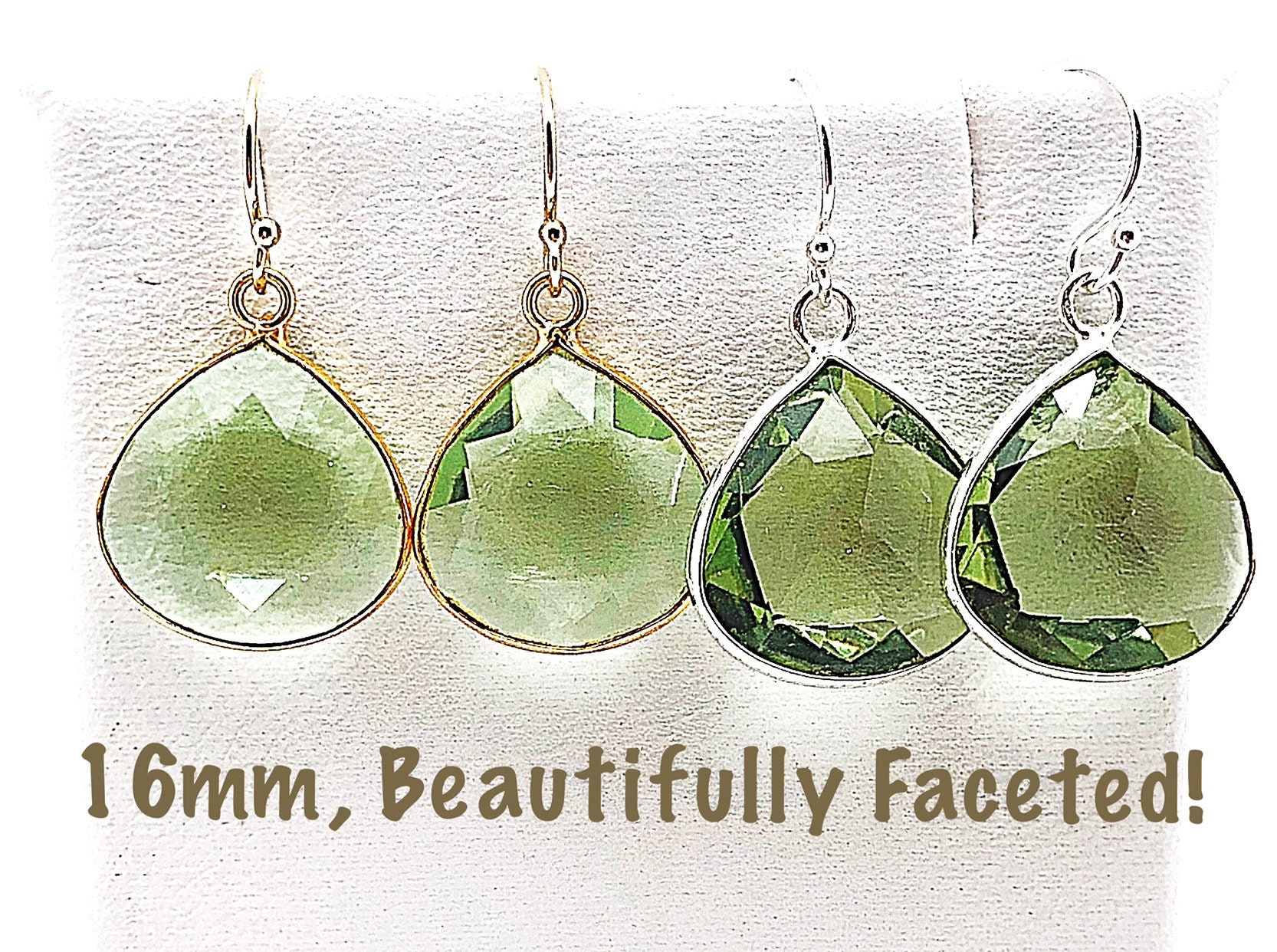 Facettierte Herzförmige Praeseolith Sterling/Gold Ohrringe, Grüne Amethyst 16mm Ohrringe von ShalomJewelry