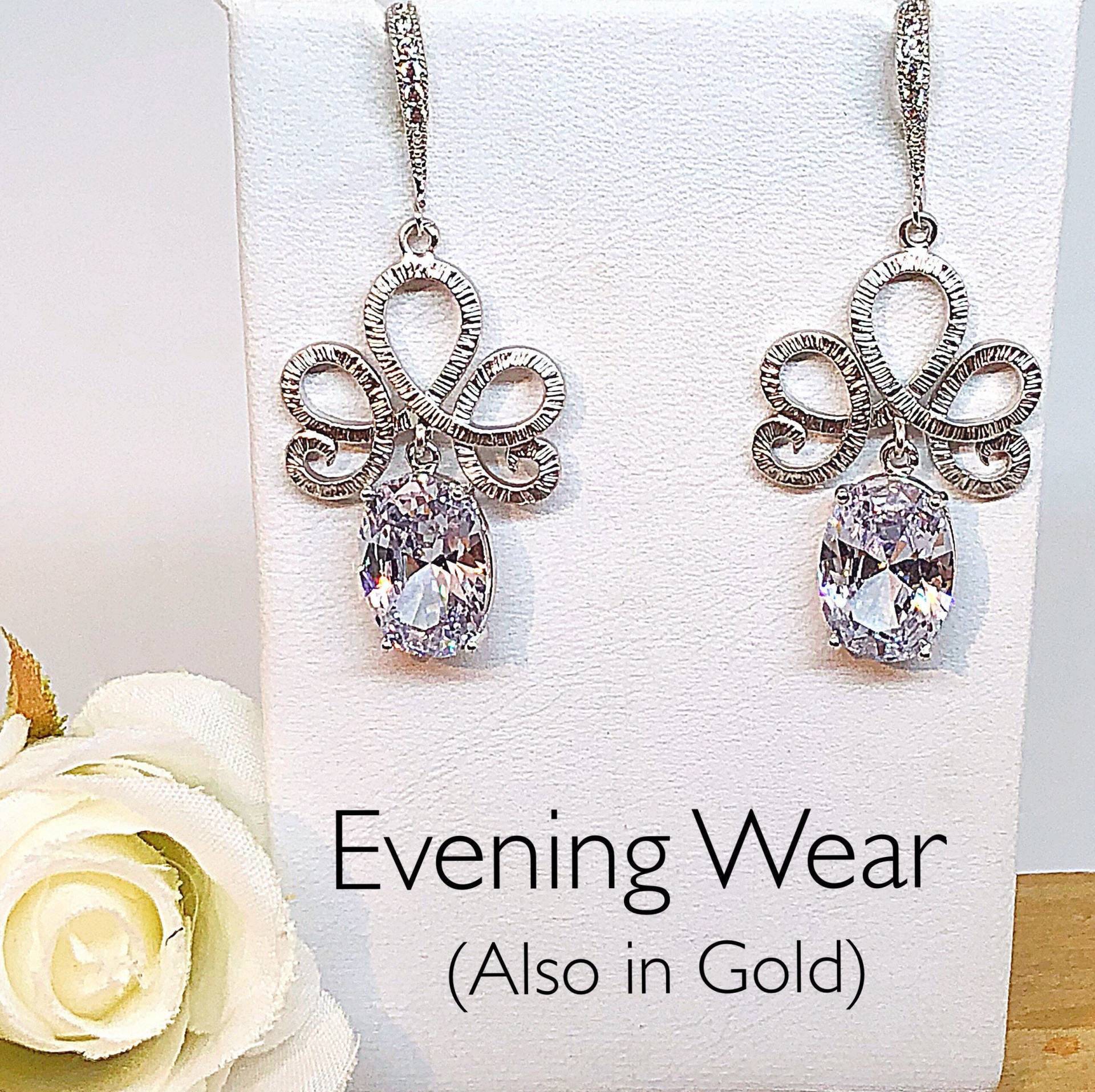 Gewirbelte Krone Braut Ohrringe Silber/Gold Große Kristall Baumeln, Formale Cz Baumeln Ohrring von ShalomJewelry