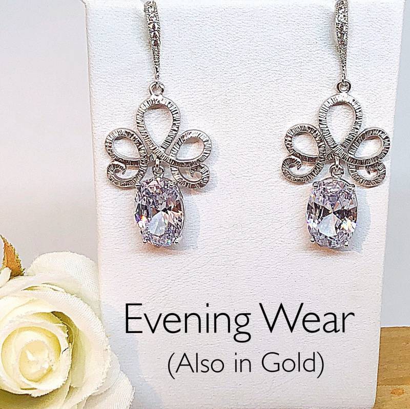 Gewirbelte Krone Braut Ohrringe Silber/Gold Große Kristall Baumeln, Formale Cz Baumeln Ohrring von ShalomJewelry