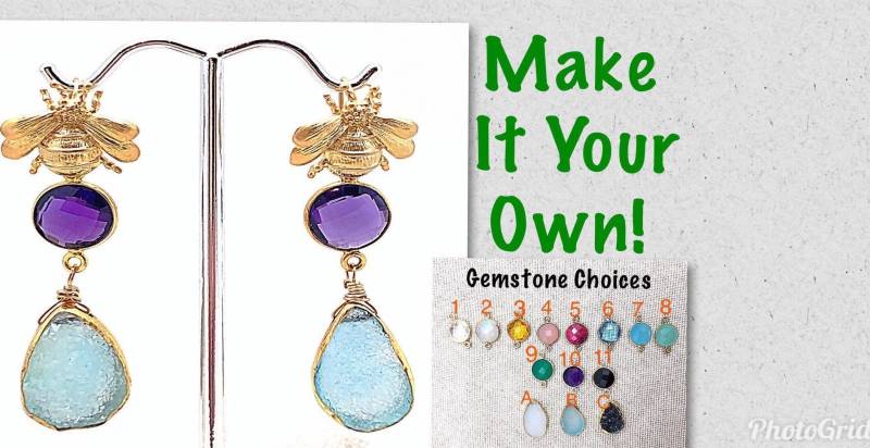 Gold Bee Stud Mit Edelstein & Druzy Dangles, Baumeln Ohrring, Einzigartige Dangle Stud, Queen Ohrring von ShalomJewelry