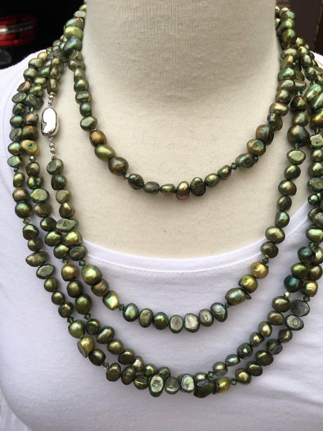 Grüne Süßwasser Barockperlen 100 "Lange Halskette Mit Swarovski-Kristallen Und Edelstahlverschluss, Extra Lange Grüne Barockperlenkette-Ooak von ShalomJewelry