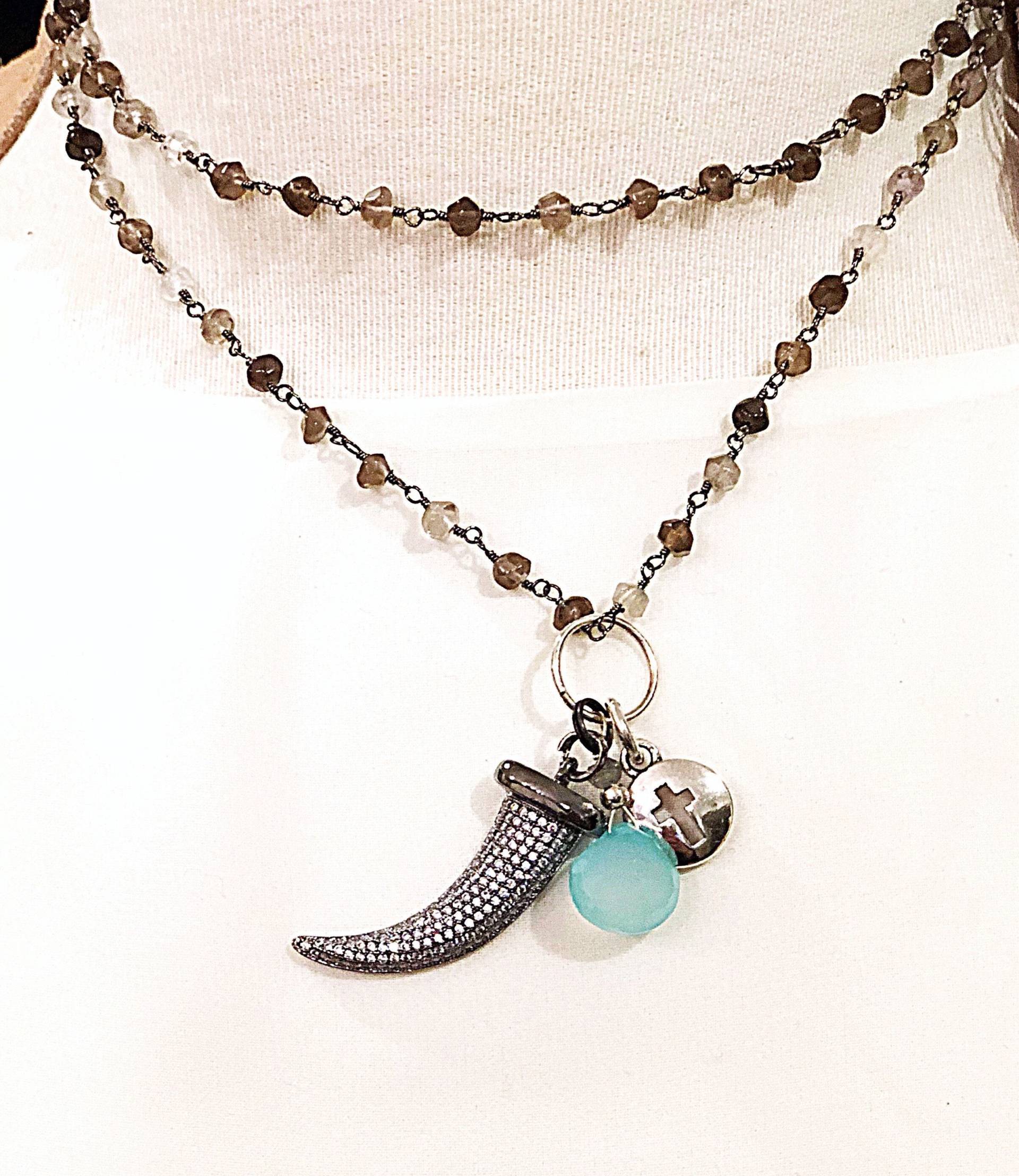 Herkimer Diamant Horn Kreuz Charm Halskette, Aqua Chalcedon Und Halskette von ShalomJewelry