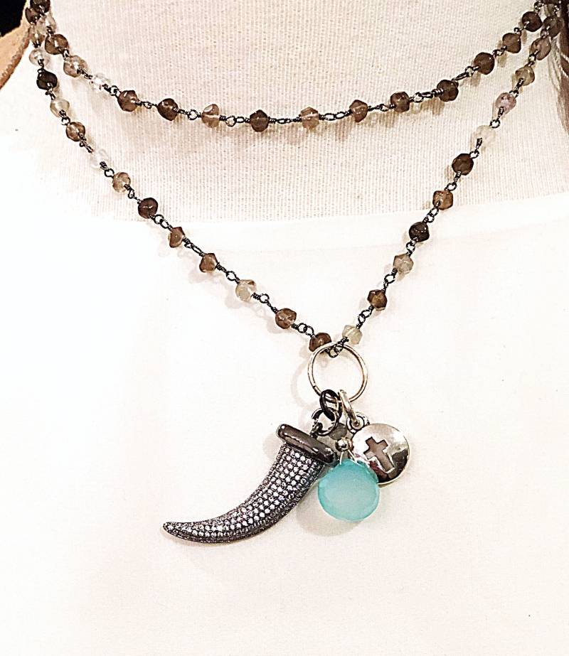 Herkimer Diamant Horn Kreuz Charm Halskette, Aqua Chalcedon Und Halskette von ShalomJewelry